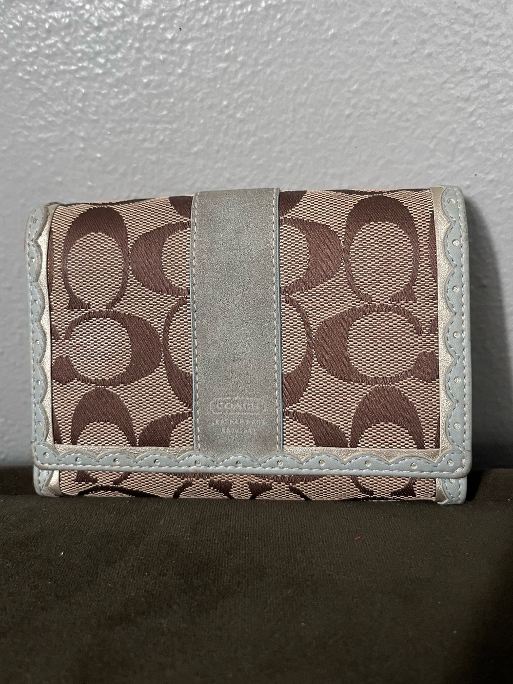 Coach Brown Signature Canvas Tri-Fold Wallet with Light blueTrim